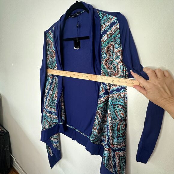 Vertigo Satin High Low Paisley Royal Blue Orange Long Sleeve Drape Cardigan S - Picture 13 of 15